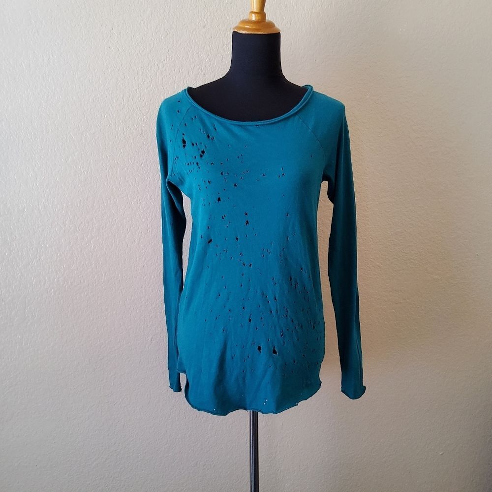 Cotton Citizen Distressed Ripped Long Sleeve Crewneck Tee Top Size S Green New